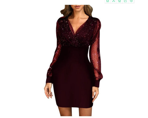 V-neck Sequin Fashion Dress Women Elegant 