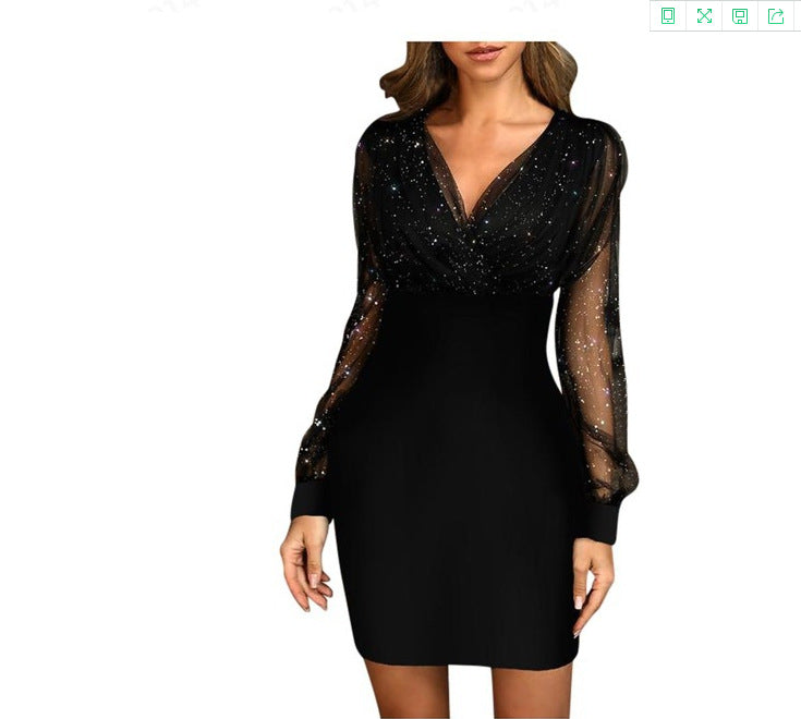 V-neck Sequin Fashion Dress Women Elegant 