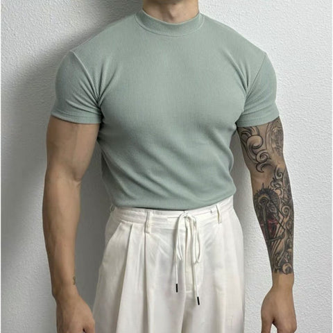  Half Turtleneck Thread Elastic Slim Short Sleeve T-shirt