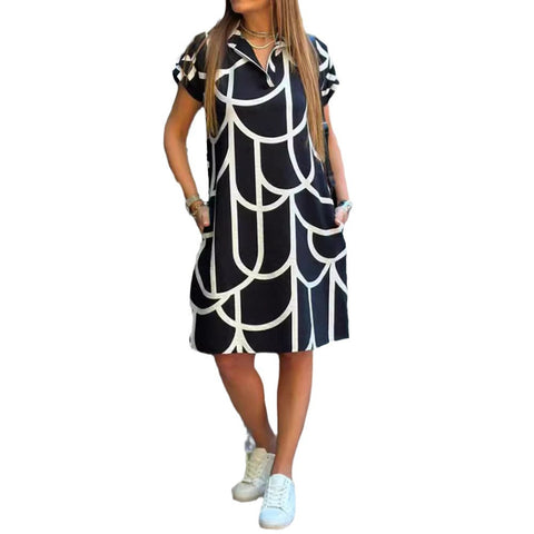 Printed V-neck Pocket Short-sleeved Dress Women Clothing