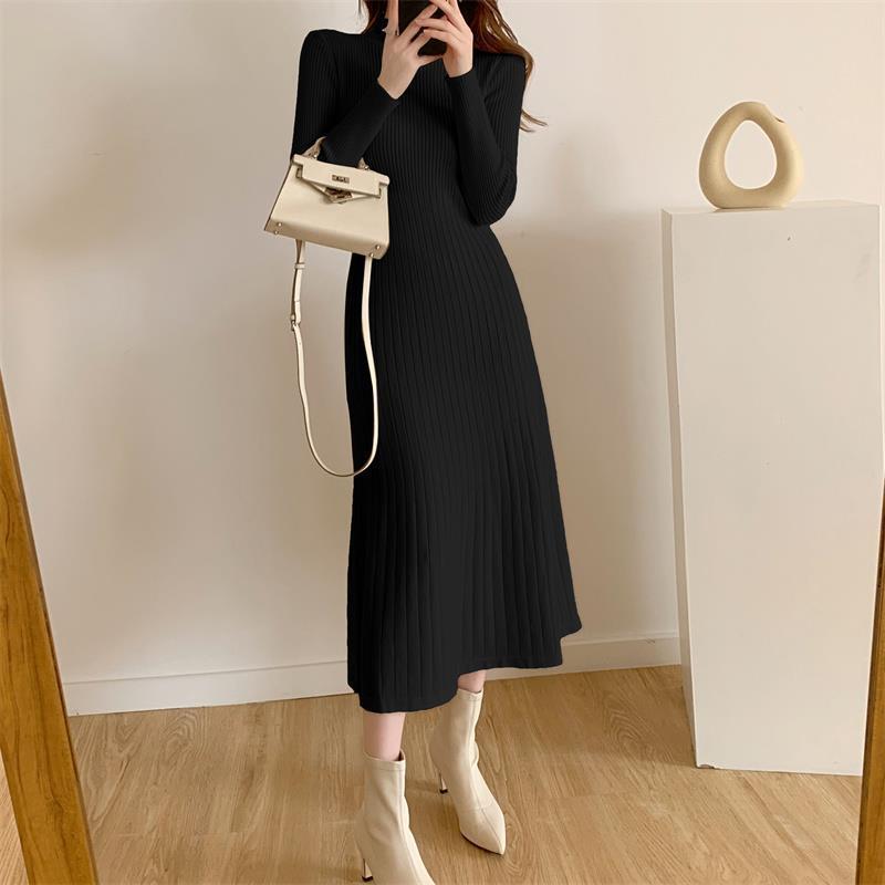  Sweater Skirt Half Turtleneck A-line Knitted Dress For Women