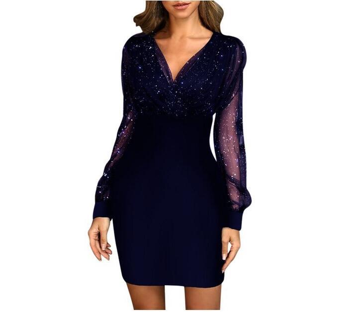 V-neck Sequin Fashion Dress Women Elegant 