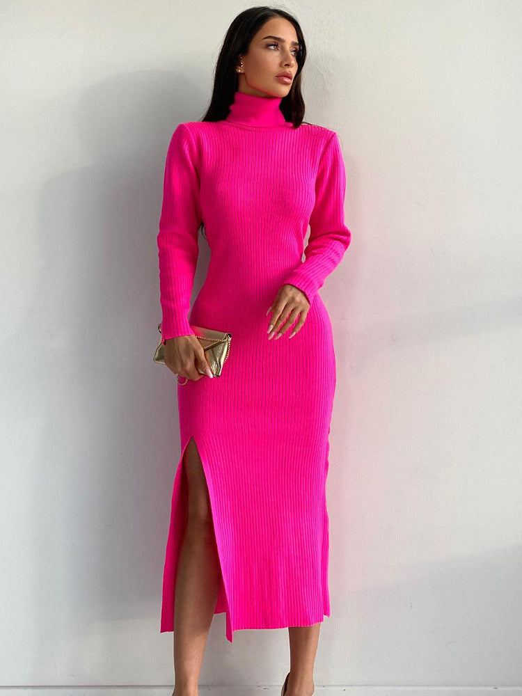 High Collar Slit Knitted Skirt Women