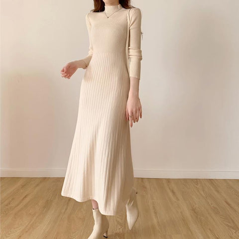  Sweater Skirt Half Turtleneck A-line Knitted Dress For Women