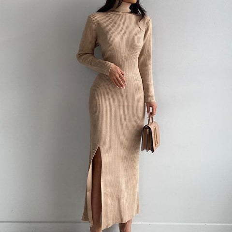 High Collar Slit Knitted Skirt Women