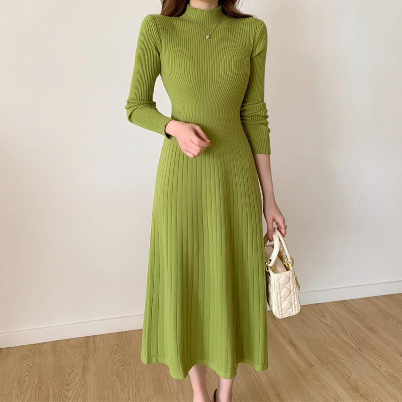  Sweater Skirt Half Turtleneck A-line Knitted Dress For Women