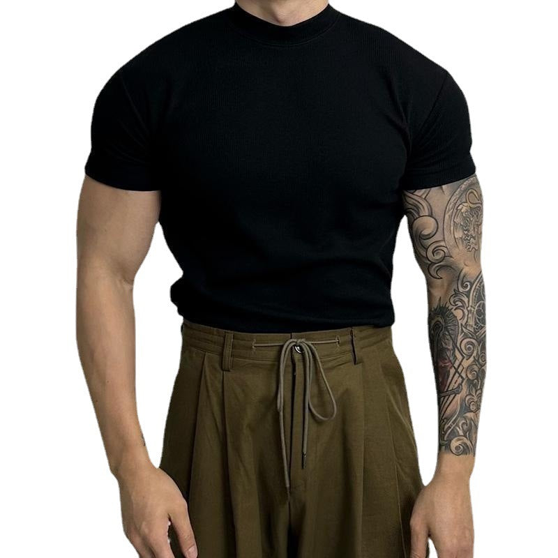  Half Turtleneck Thread Elastic Slim Short Sleeve T-shirt