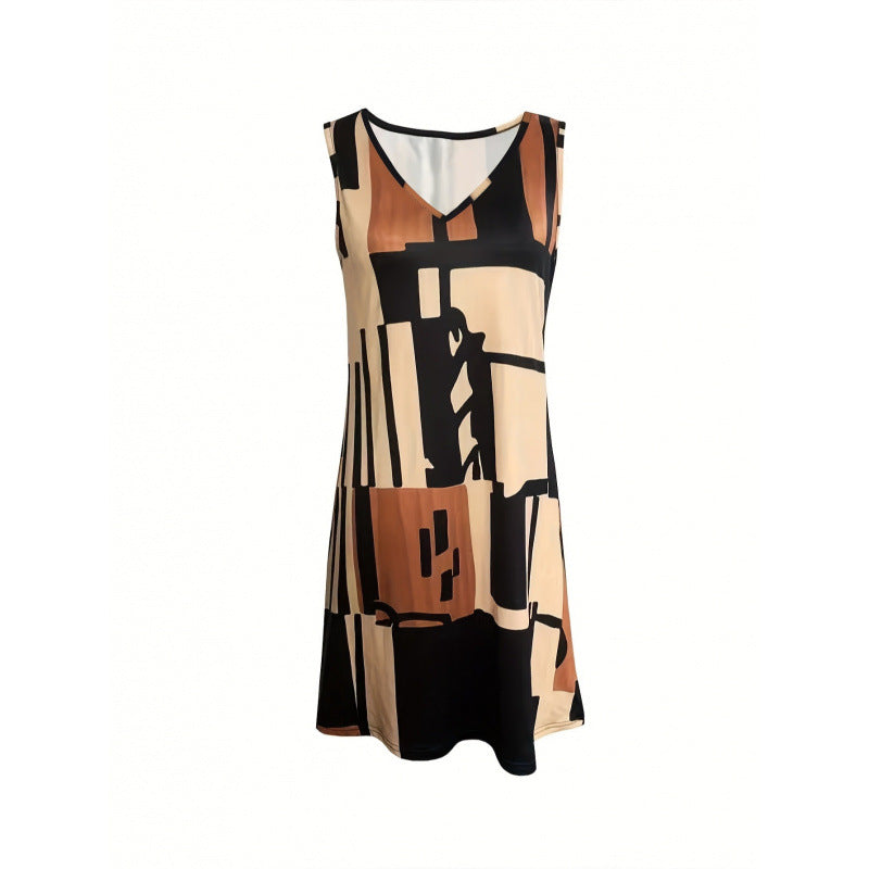 V-neck knitted Printed Sleeveless loose Dress Women