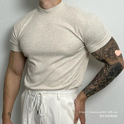  Half Turtleneck Thread Elastic Slim Short Sleeve T-shirt