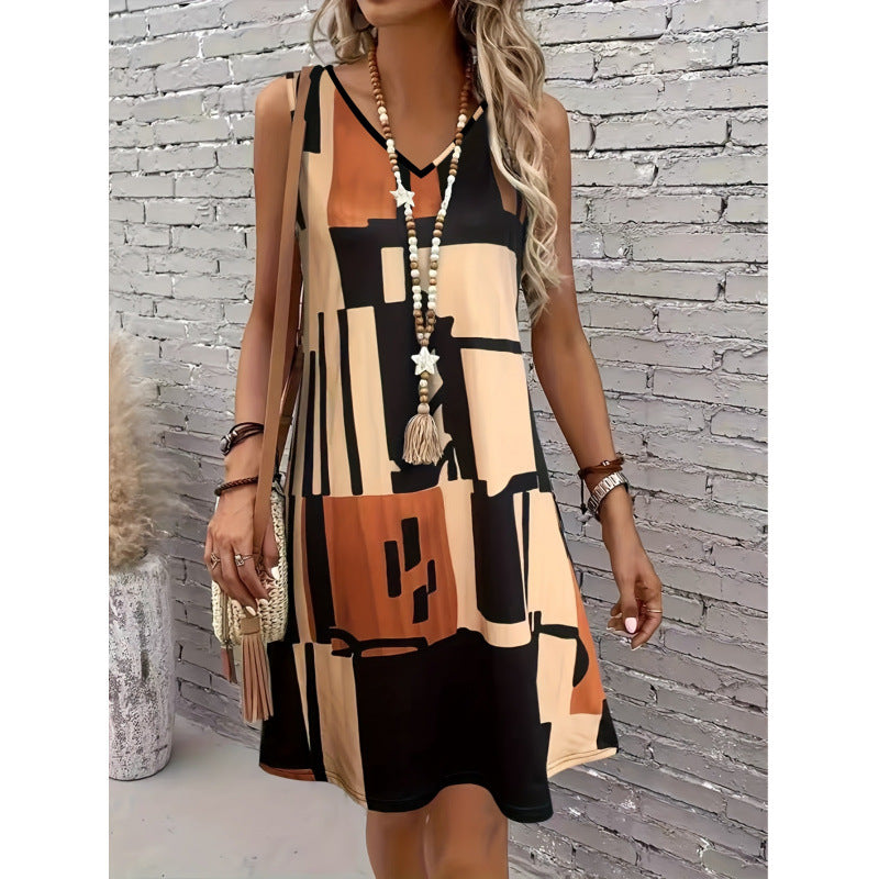 V-neck knitted Printed Sleeveless loose Dress Women