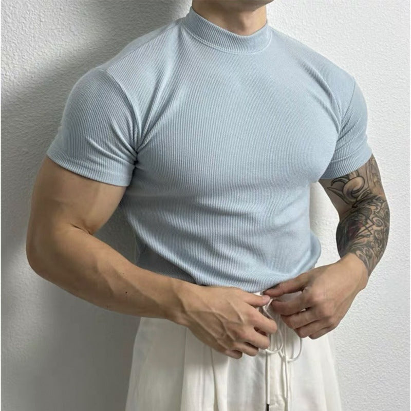  Half Turtleneck Thread Elastic Slim Short Sleeve T-shirt