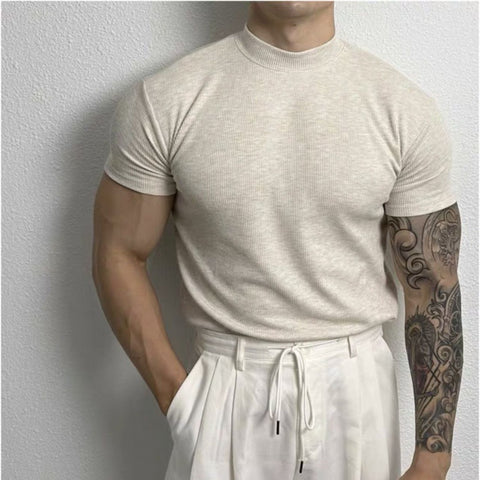  Half Turtleneck Thread Elastic Slim Short Sleeve T-shirtv