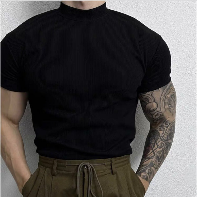  Half Turtleneck Thread Elastic Slim Short Sleeve T-shirt