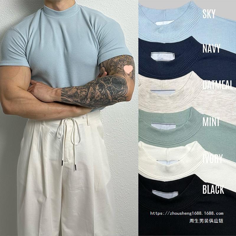  Half Turtleneck Thread Elastic Slim Short Sleeve T-shirt