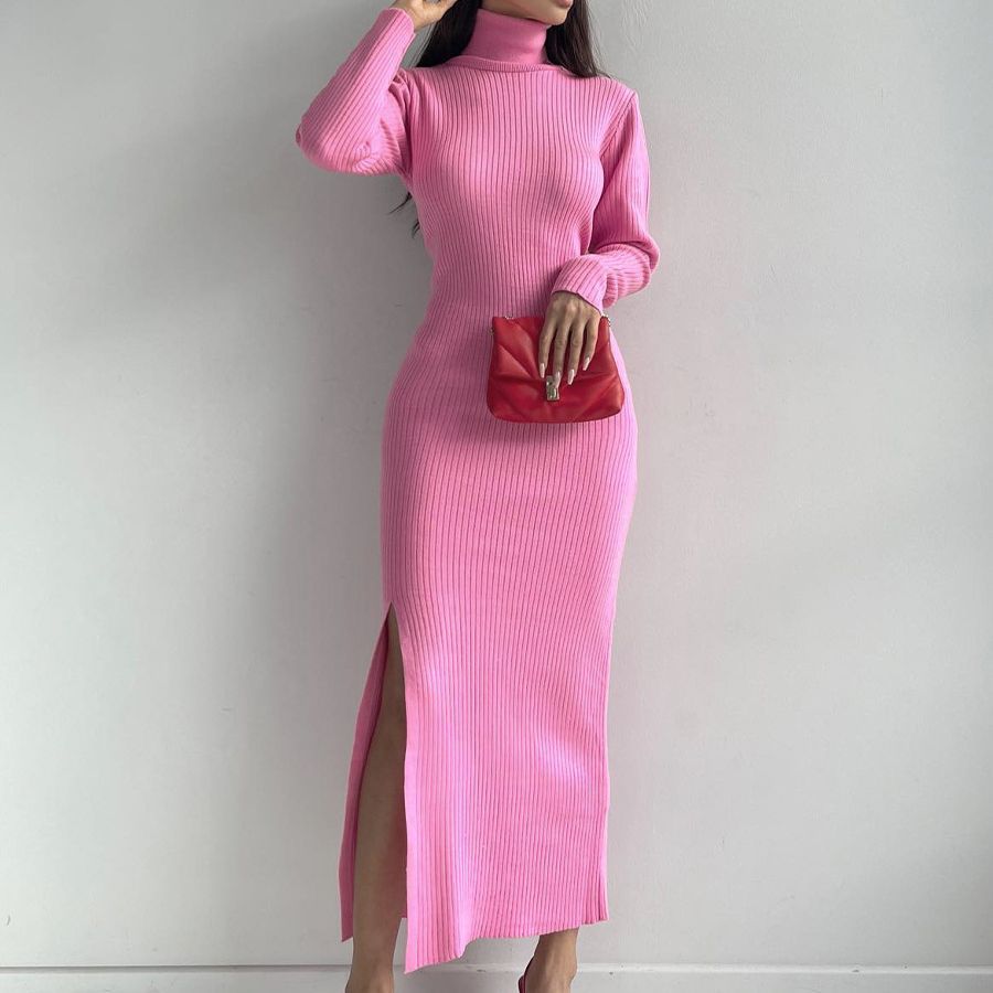 High Collar Slit Knitted Skirt Women