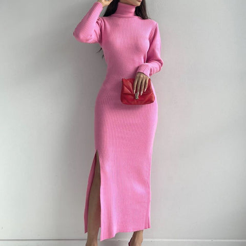 High Collar Slit Knitted Skirt Women