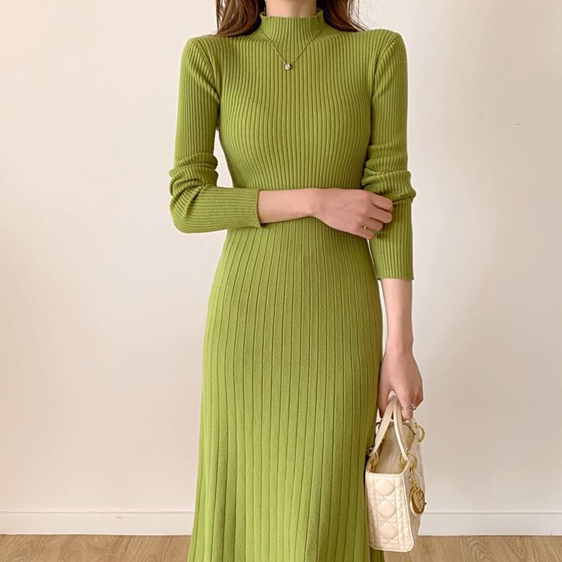  Sweater Skirt Half Turtleneck A-line Knitted Dress For Women